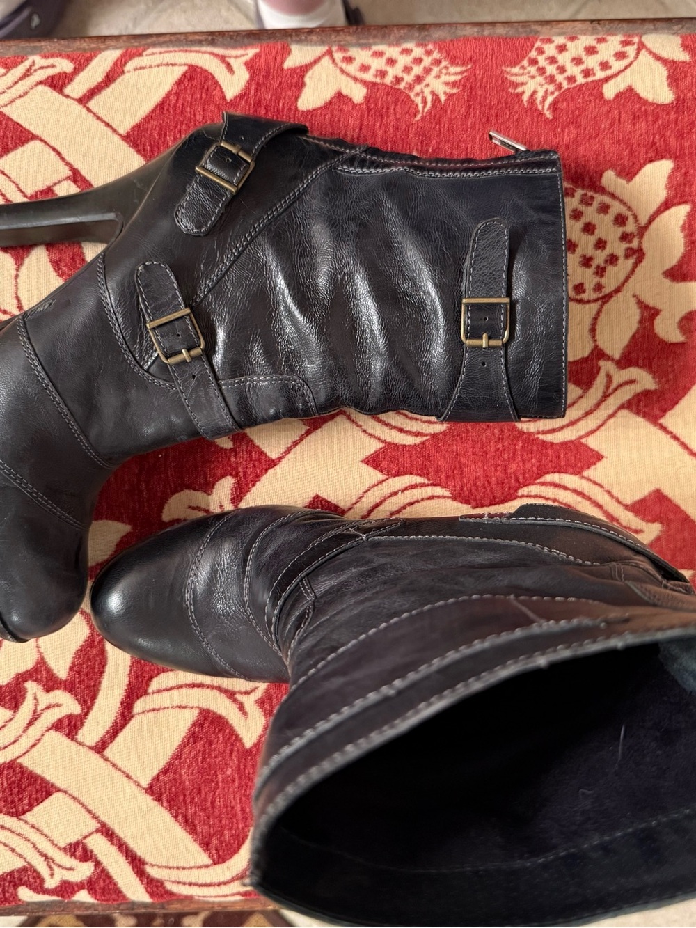 Black Women's High-Heel Leather Ankle Boots - Picture 4 of 6